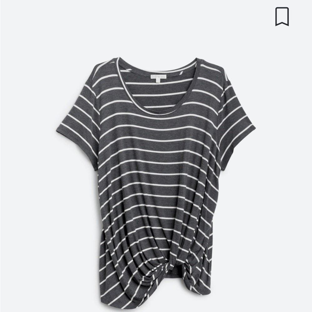 Striped scoop knot t-shirt from Nine Britton. Size 1x, grey and white.